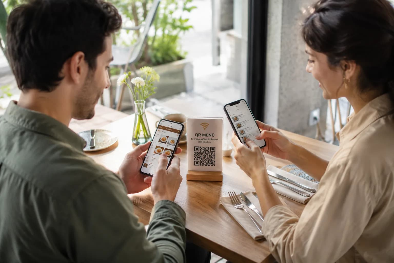 Masadaki QR kodu telefonla okutan müşteriler